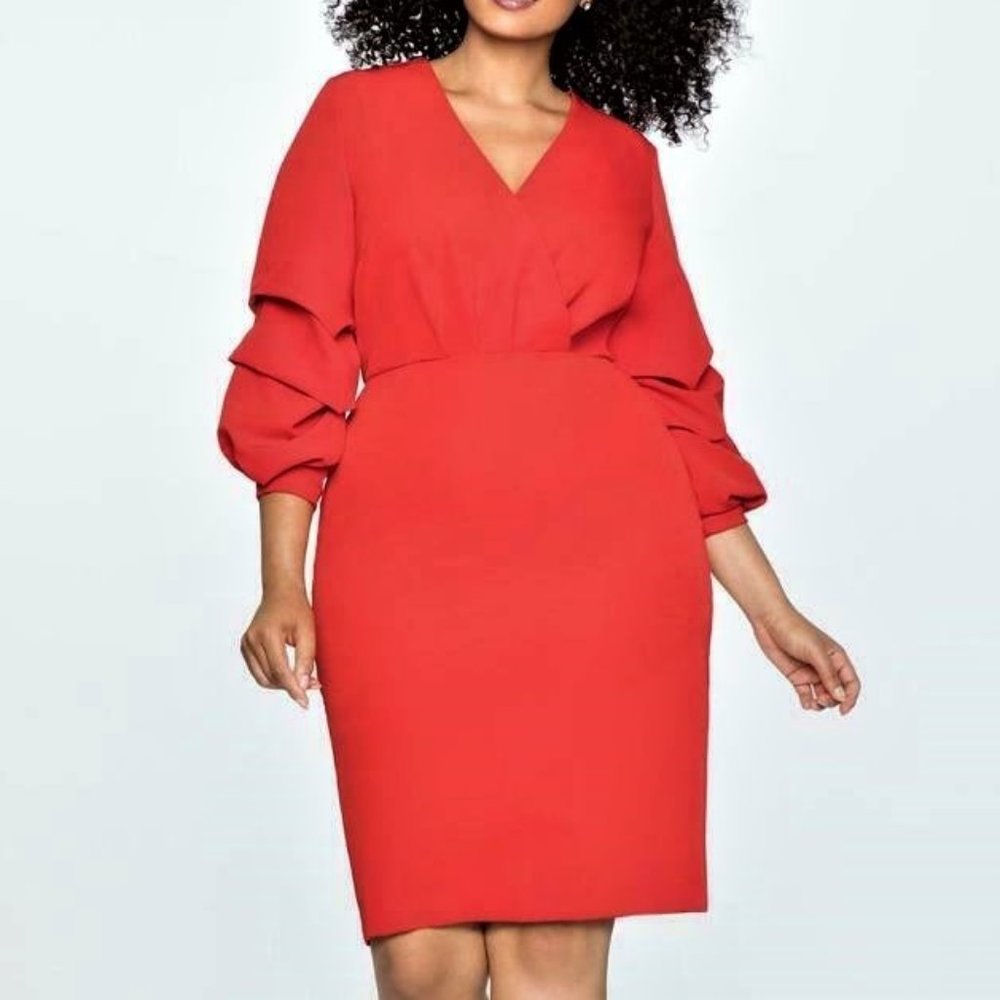 16 18 28 ELOQUII RED PLEATED SLEEVE SURPLICE DRESS